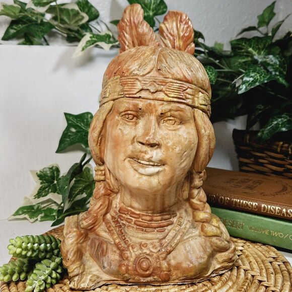 Vintage Native American Indian Woman Statue Swirl Clay Resin Carved Sculpture